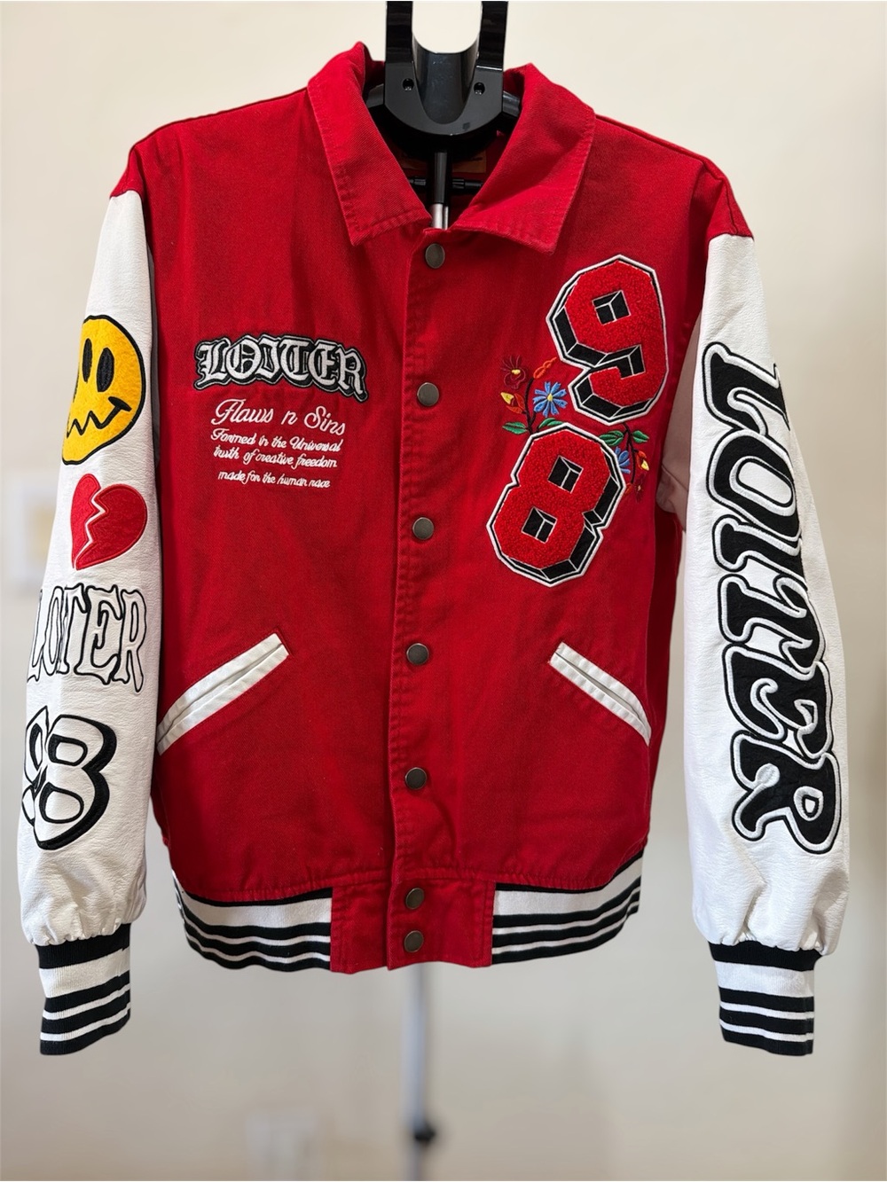 LOITER Flaws N Sins 98 Varsity Jacket Red White Embroidered Large
